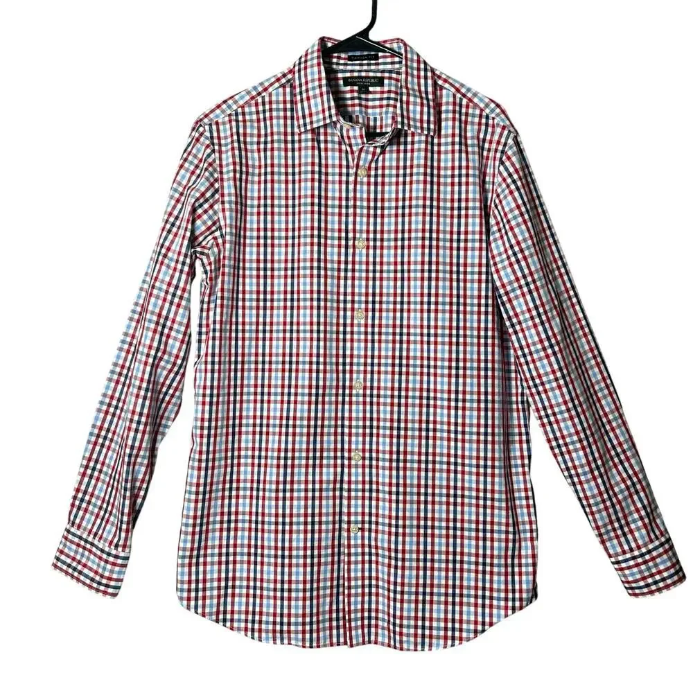Banana Republic Shirt Mens M Red Blue White Long Sleeve Non‎ Iron Camden Fit